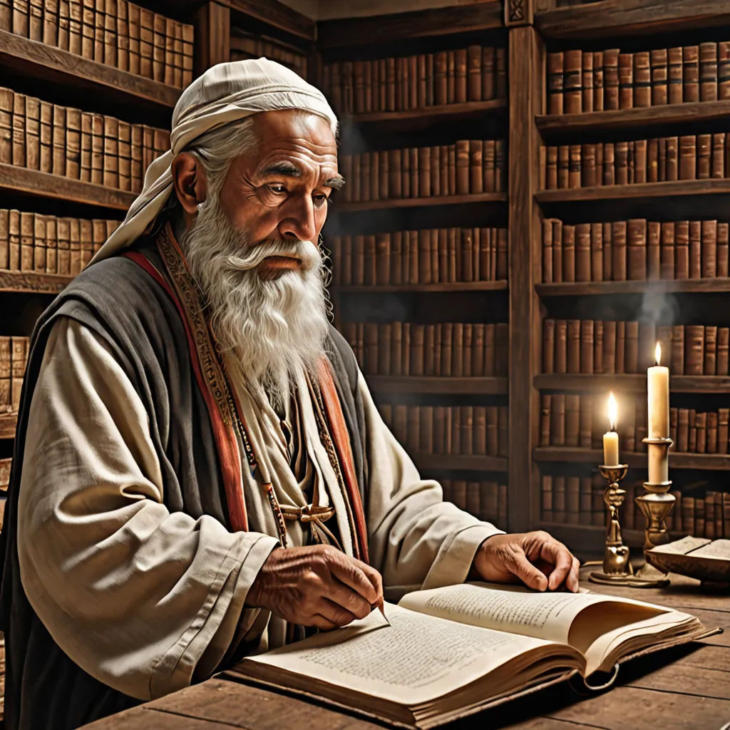 a man sitting at a table with a book in front of him and a candle in the background in a library, academic art, computer graphics, Dionisius, highly detailed digital painting