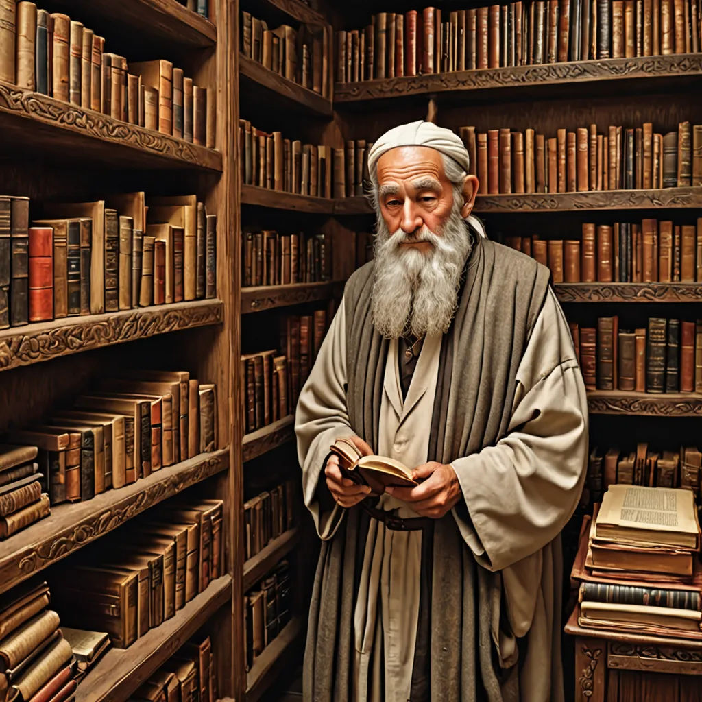 a man with a long beard standing in a library with books on shelves and a book case full of books, academic art, a storybook illustration, Dionisius, orientalism