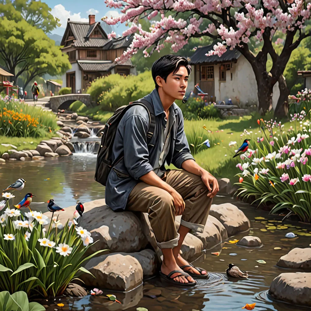 a man sitting on a rock next to a river with flowers and birds around him and a house in the background, magical realism, a storybook illustration, Byeon Sang-byeok, official art