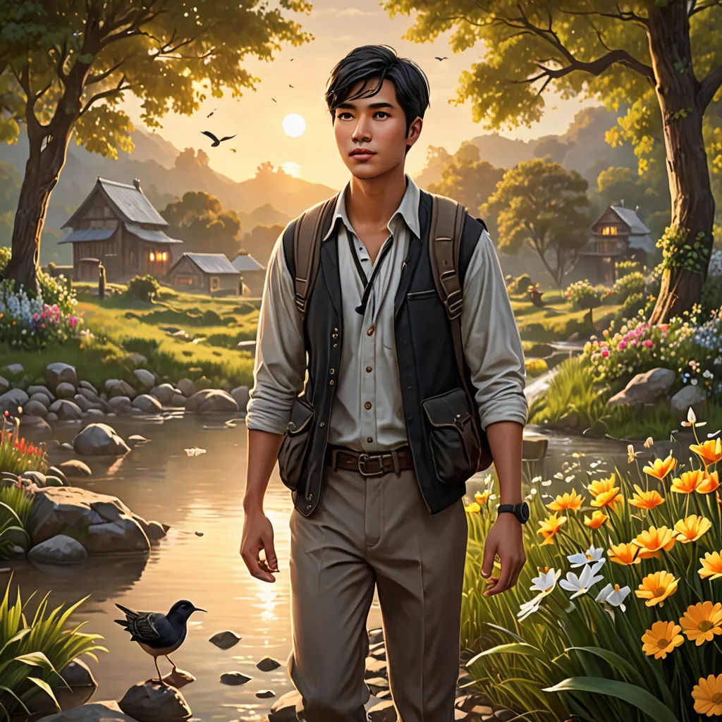 a man walking through a forest next to a river with a bird on it's shoulder and a bird on his shoulder, magical realism, a character portrait, Cedric Seaut (Keos Masons), kinkade