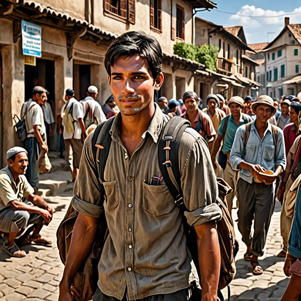 a man with a backpack is standing in a crowd of people on a street with buildings in the background, samikshavad, a character portrait, Don Arday, promotional image