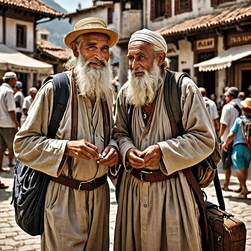 two old men standing next to each other on a street corner with people in the background and a building in the background, neoplasticism, computer graphics, Fikret Muallâ Saygı, symmetrical facial features