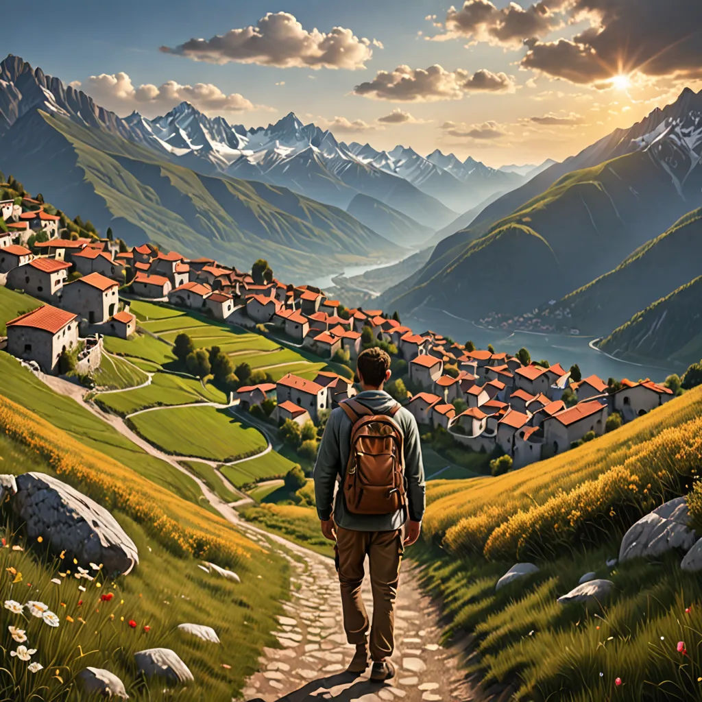 a man walking down a path towards a village with mountains in the background and a sunset in the sky, fantasy art, a detailed matte painting, Evgeny Lushpin, highly detailed digital painting