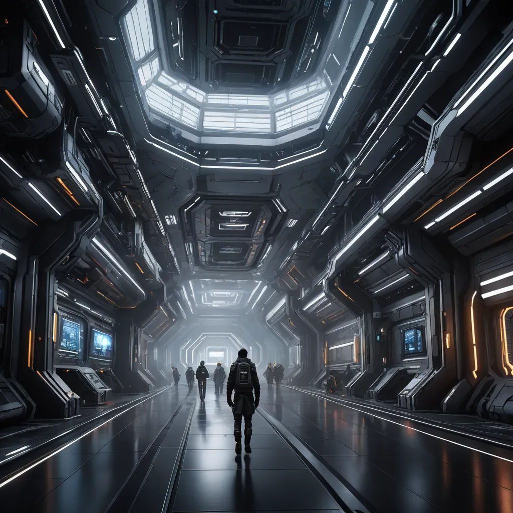 a man walking down a hallway in a futuristic building with neon lights on the ceiling and people walking around, space art, computer graphics, Eve Ryder, detailed lighting