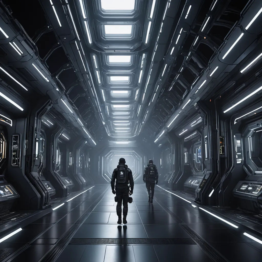 two people walking down a dark corridor in a sci - fi setting with lights on the ceiling and floor, light and space, computer graphics, Eve Ryder, star citizen halo