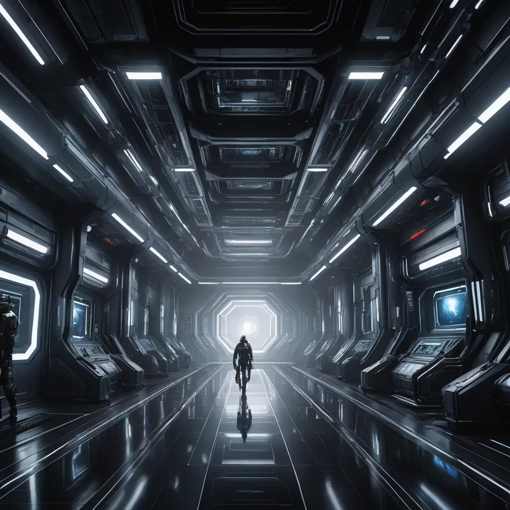 a man is walking through a futuristic looking tunnel with lights on the ceiling and a man in a black suit, light and space, concept art, Eve Ryder, star citizen halo
