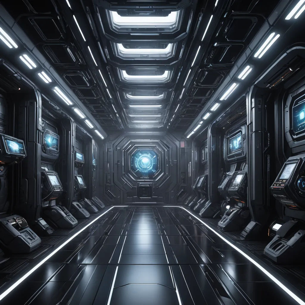 a sci - fi room with a lot of lights and a lot of monitors on the wall and floor, space art, computer graphics, Filip Hodas, unreal engine 5 rendered