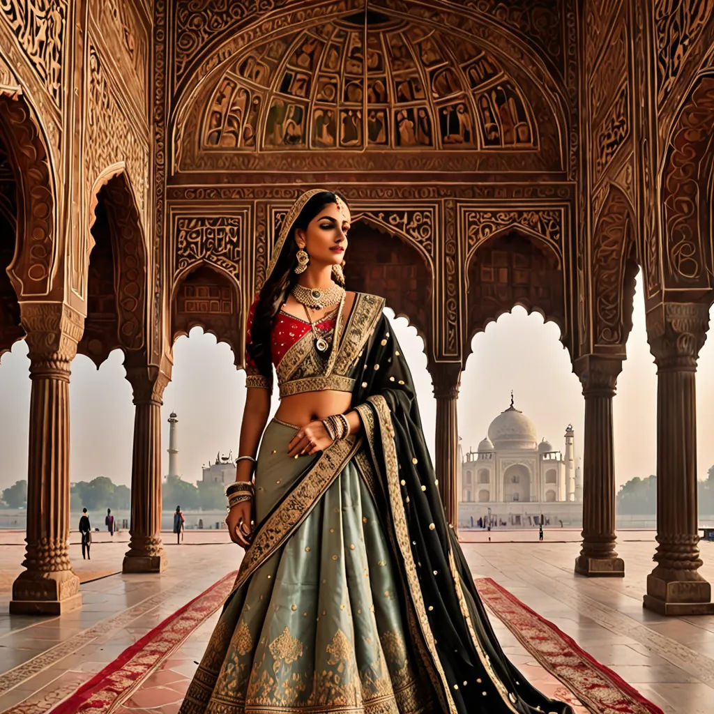 a woman in a blue and green lehenga standing in a palace setting with a red carpet and a white building in the background, arabesque, a detailed matte painting, Anthony Devas, cinematic photography