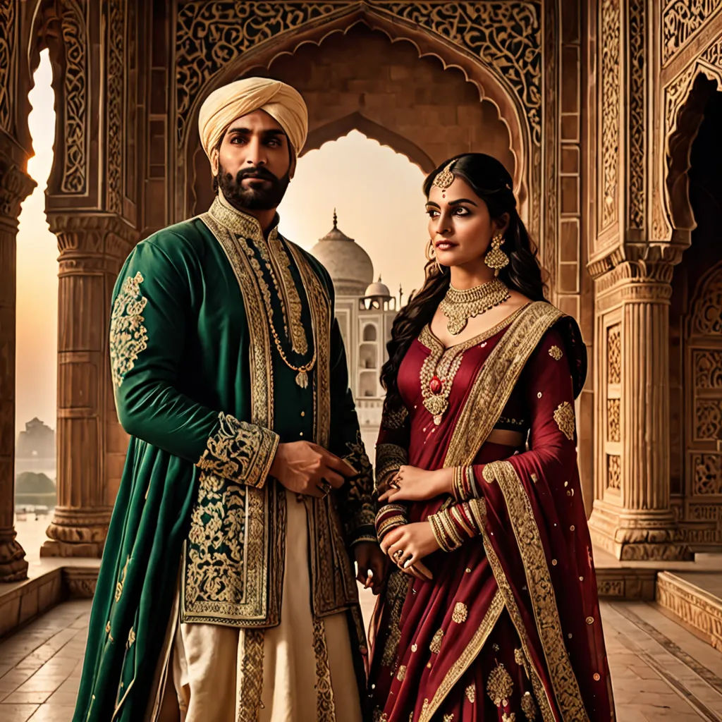 a man and woman dressed in indian attire standing in front of a building with a large archway and a dome, samikshavad, a poster, Christian Hilfgott Brand, promotional image