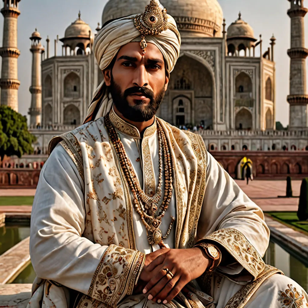 a man in a turban sitting in front of a building with a fountain in front of it, samikshavad, a marble sculpture, Altoon Sultan, regal