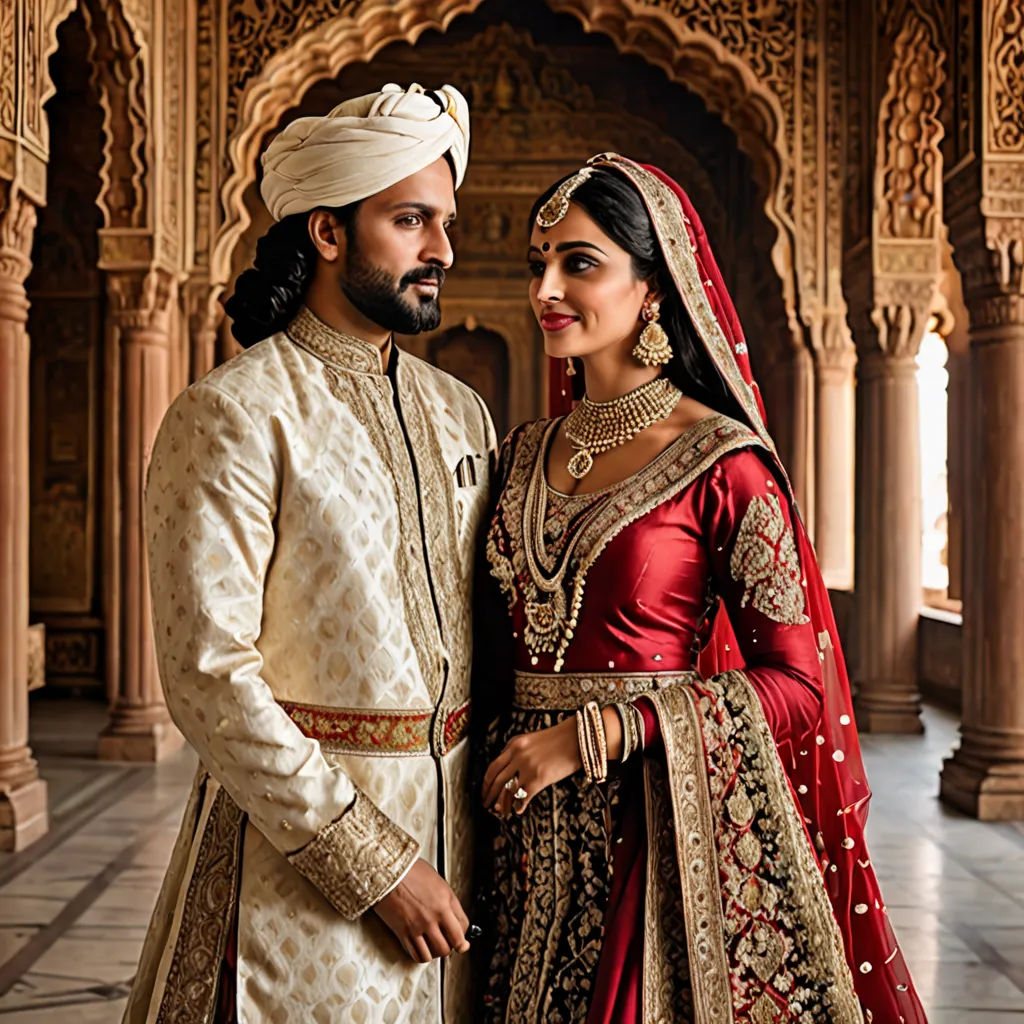 a man and woman dressed in indian attire posing for a picture together in a palace setting with pillars and arches, samikshavad, a photorealistic painting, Bholekar Srihari, promotional image