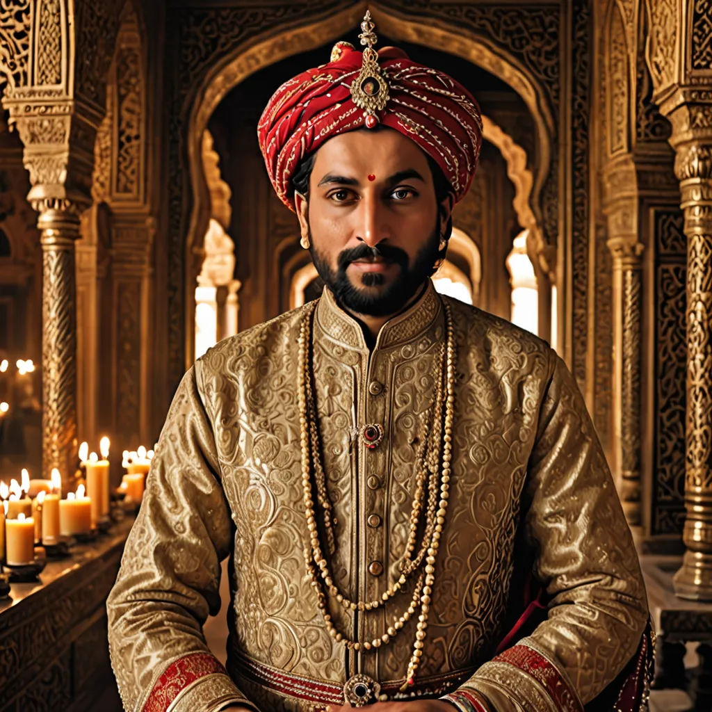 a man in a turban and a beaded necklace and a candle stand in a room with candles, samikshavad, a character portrait, Bholekar Srihari, regal