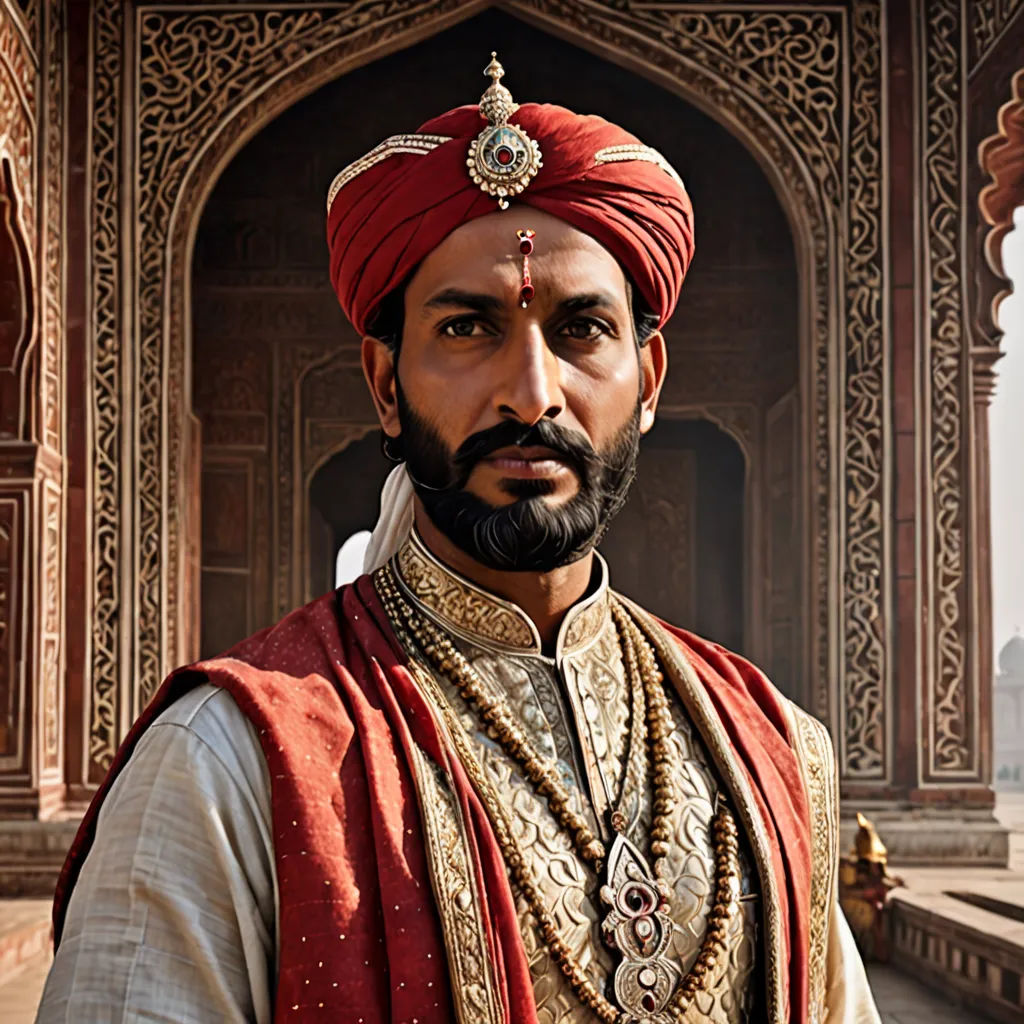 a man in a turban and a red turban stands in front of a building with a doorway, samikshavad, a character portrait, Altoon Sultan, promotional image