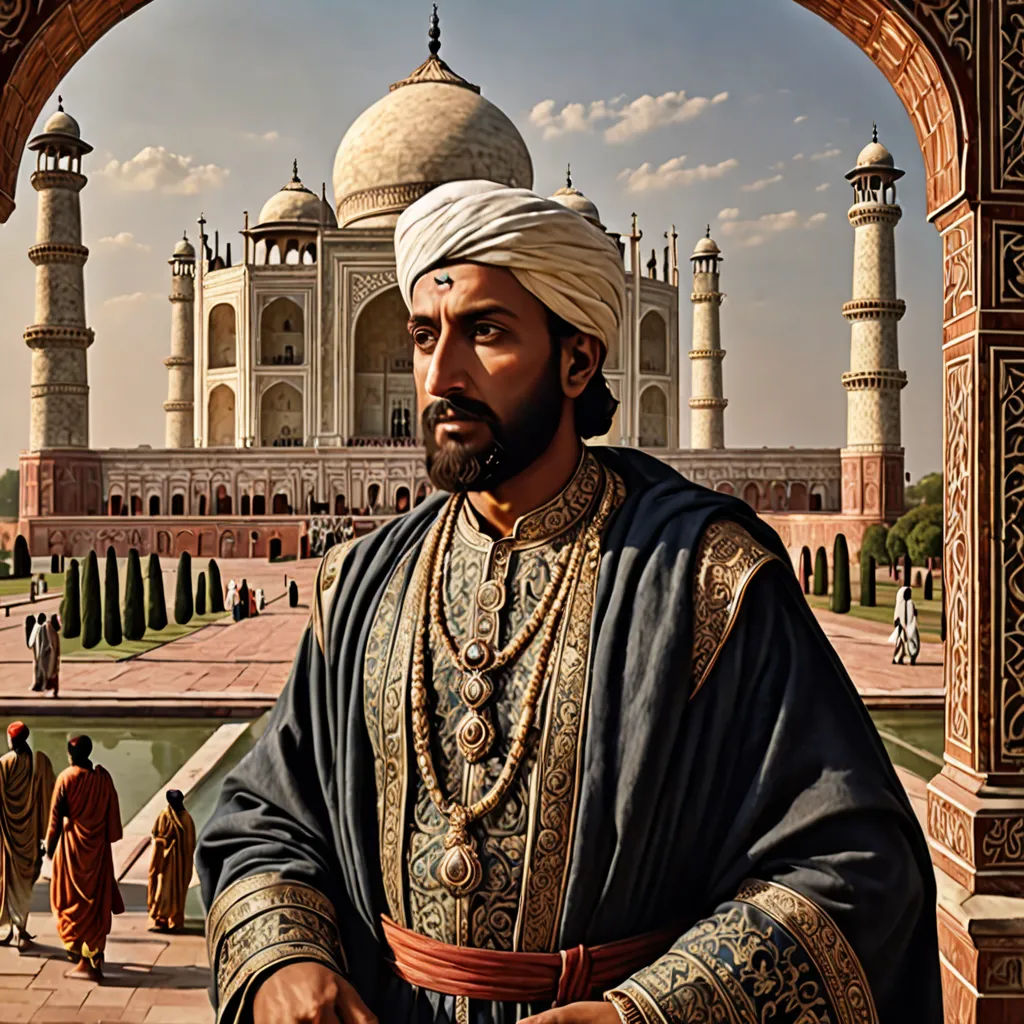 a painting of a man in a turban standing in front of a building with a fountain and a large white dome, classical realism, a detailed painting, Drew Struzan, highly detailed digital painting