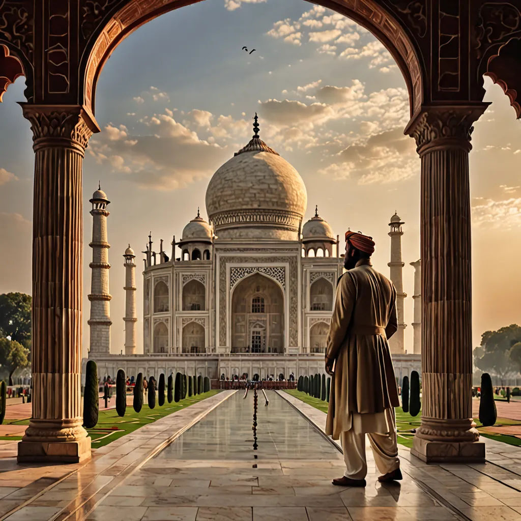 a man standing in front of a building with a large archway leading to it and a bird flying overhead, cloisonnism, a detailed matte painting, Bapu, award-winning photograph