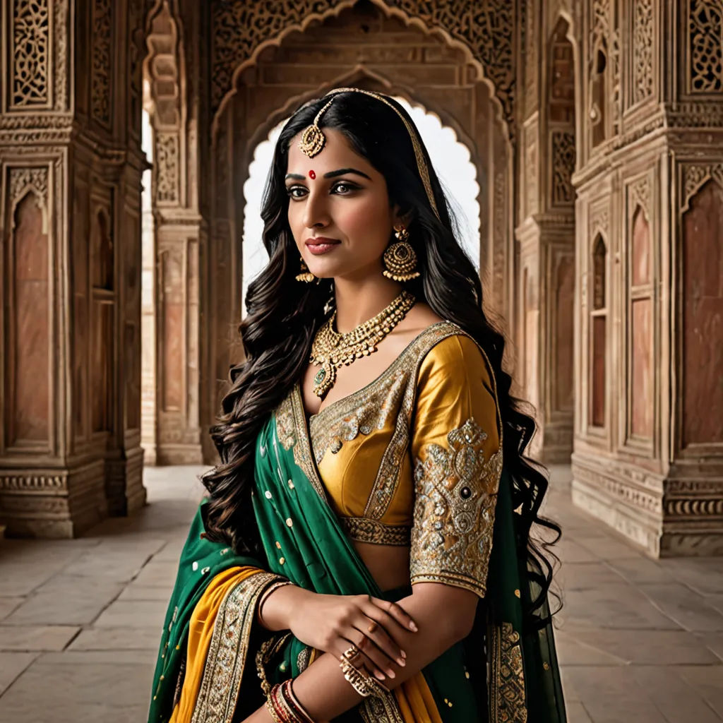 a woman in a green and yellow sari with a gold necklace and earrings on her neck and a green and gold blouse, samikshavad, a photorealistic painting, Bholekar Srihari, promotional image