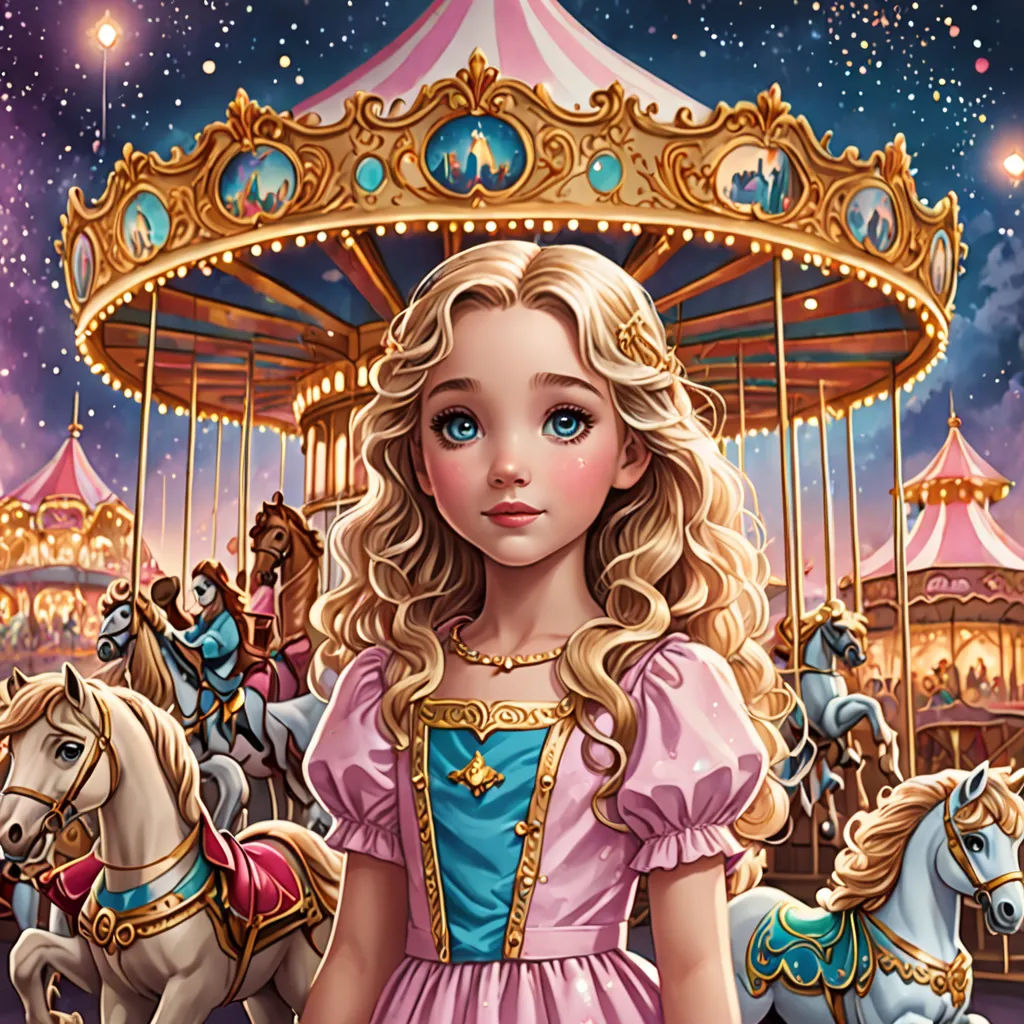 a girl in a pink dress standing in front of a carousel with horses and a carousel car in the background, a storybook illustration, kinkade, fantasy art, Alice Prin