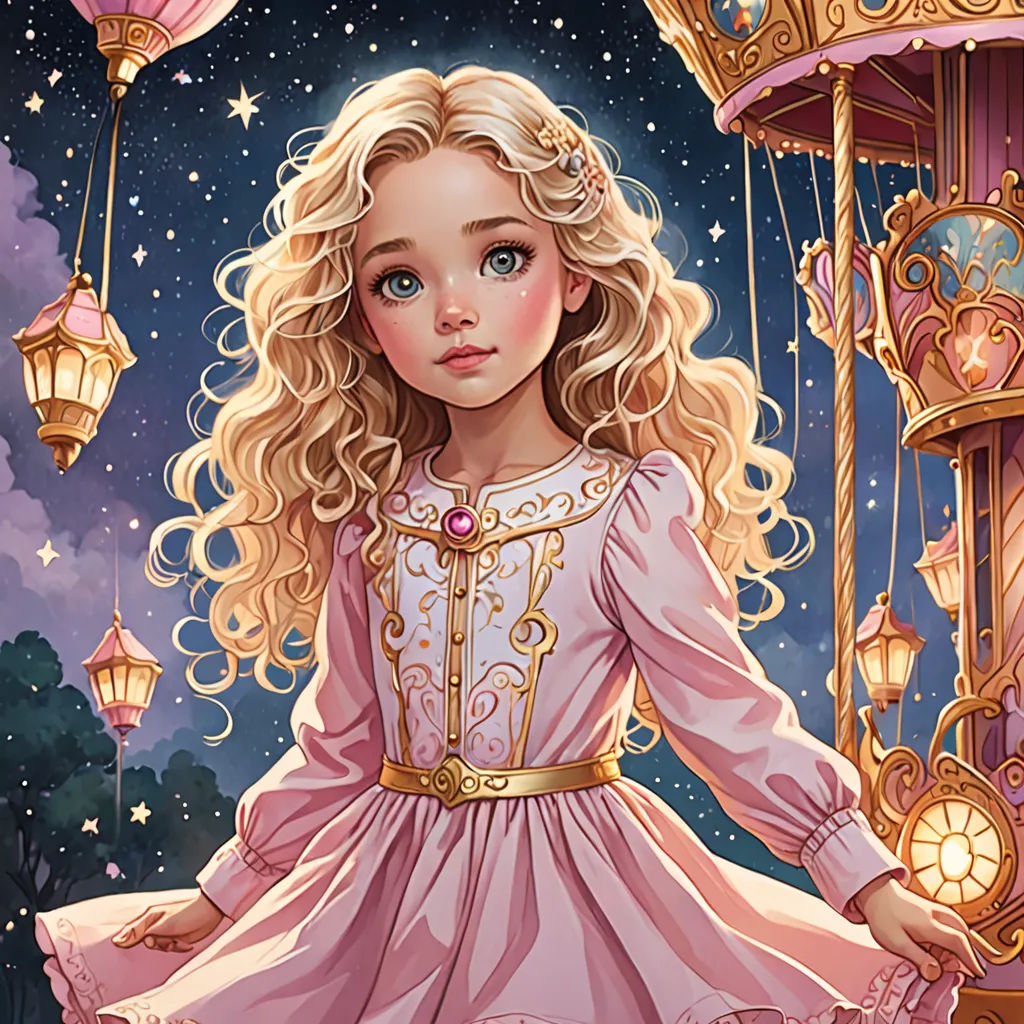 a painting of a girl in a pink dress standing in front of a carousel with a lantern and a clock, a storybook illustration, kinkade, fantasy art, Alice Prin