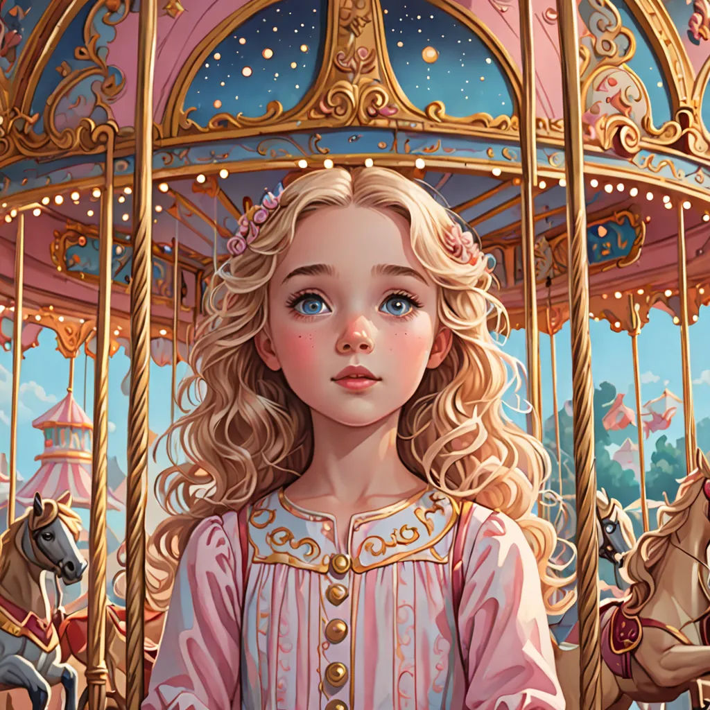a painting of a little girl riding a carousel with a horse and a man on a horse behind her, a storybook illustration, highly detailed digital painting, fantasy art, Alice Prin