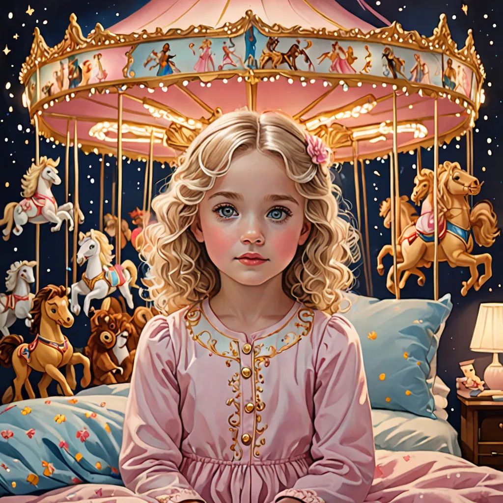 a painting of a little girl sitting on a bed with a carousel in the background and a carousel on the wall, a detailed painting, highly detailed digital painting, fantasy art, Chris LaBrooy