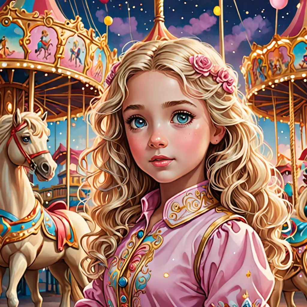 a girl in a pink dress standing in front of a carousel with horses and a carousel ride in the background, an ultrafine detailed painting, highly detailed digital painting, pop surrealism, Alice Prin