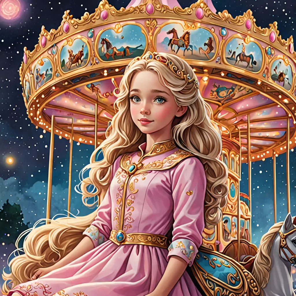 a girl in a pink dress riding a carousel horse at night with a horse and a horse - drawn carriage, a storybook illustration, highly detailed digital painting, fantasy art, Alice Prin