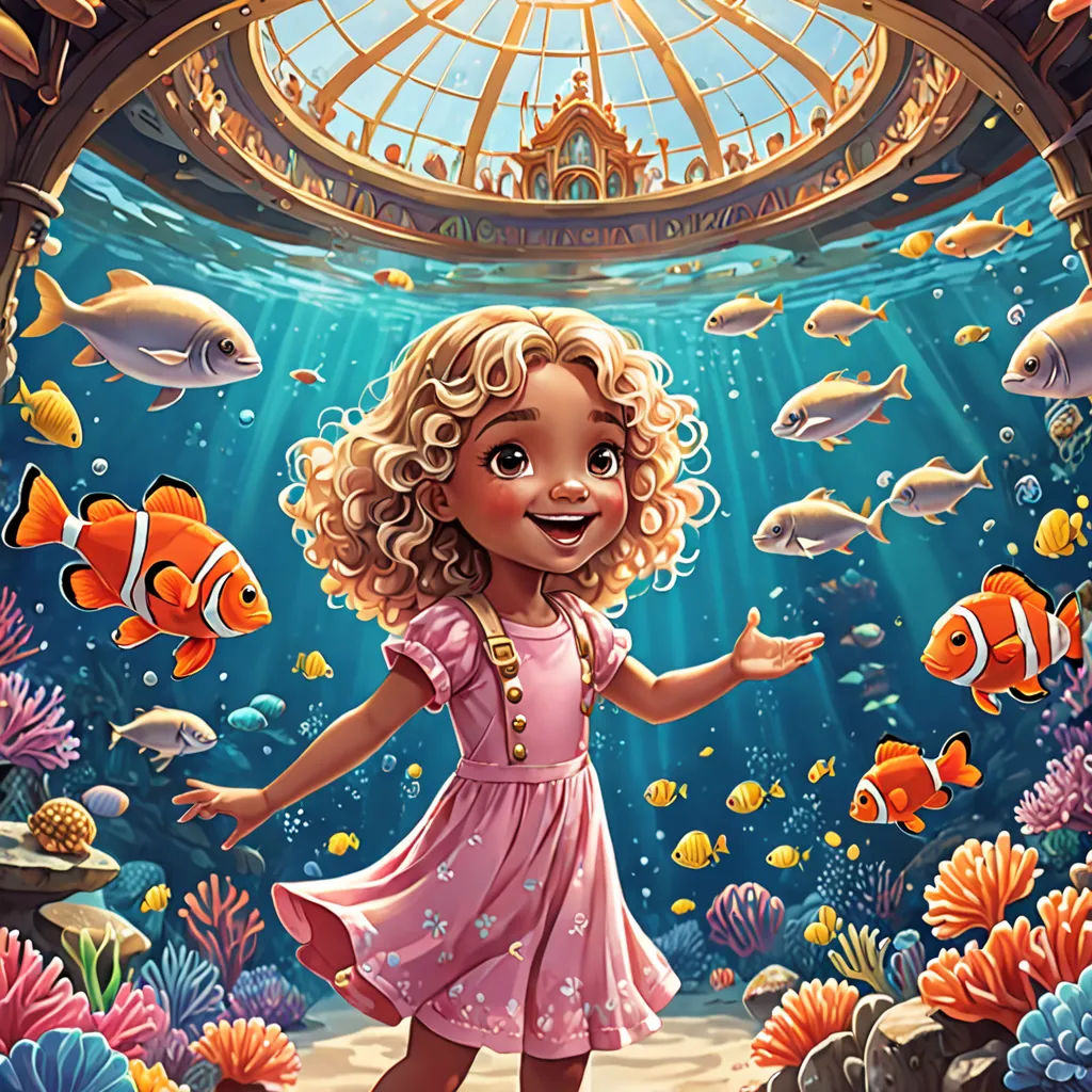 a little girl standing in front of a fish tank with a fish bowl on top of it and a fish bowl above her head, a storybook illustration, highly detailed digital painting, fantasy art, Chris LaBrooy