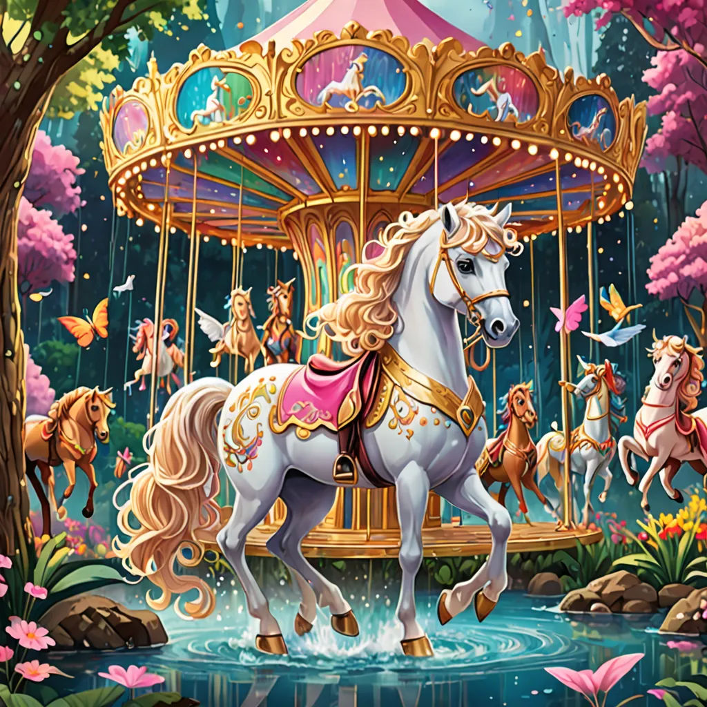 a painting of a carousel with horses and a girl on it's back riding on a horse in the middle of a forest, a storybook illustration, highly detailed digital painting, fantasy art, Chris LaBrooy