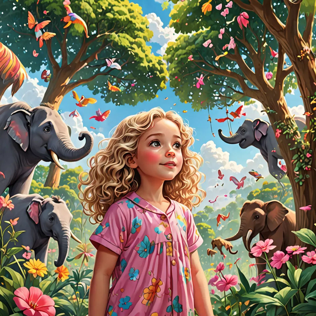 a painting of a girl in a pink dress standing in a forest with elephants and butterflies around her,, a storybook illustration, highly detailed digital painting, magic realism, Chris LaBrooy