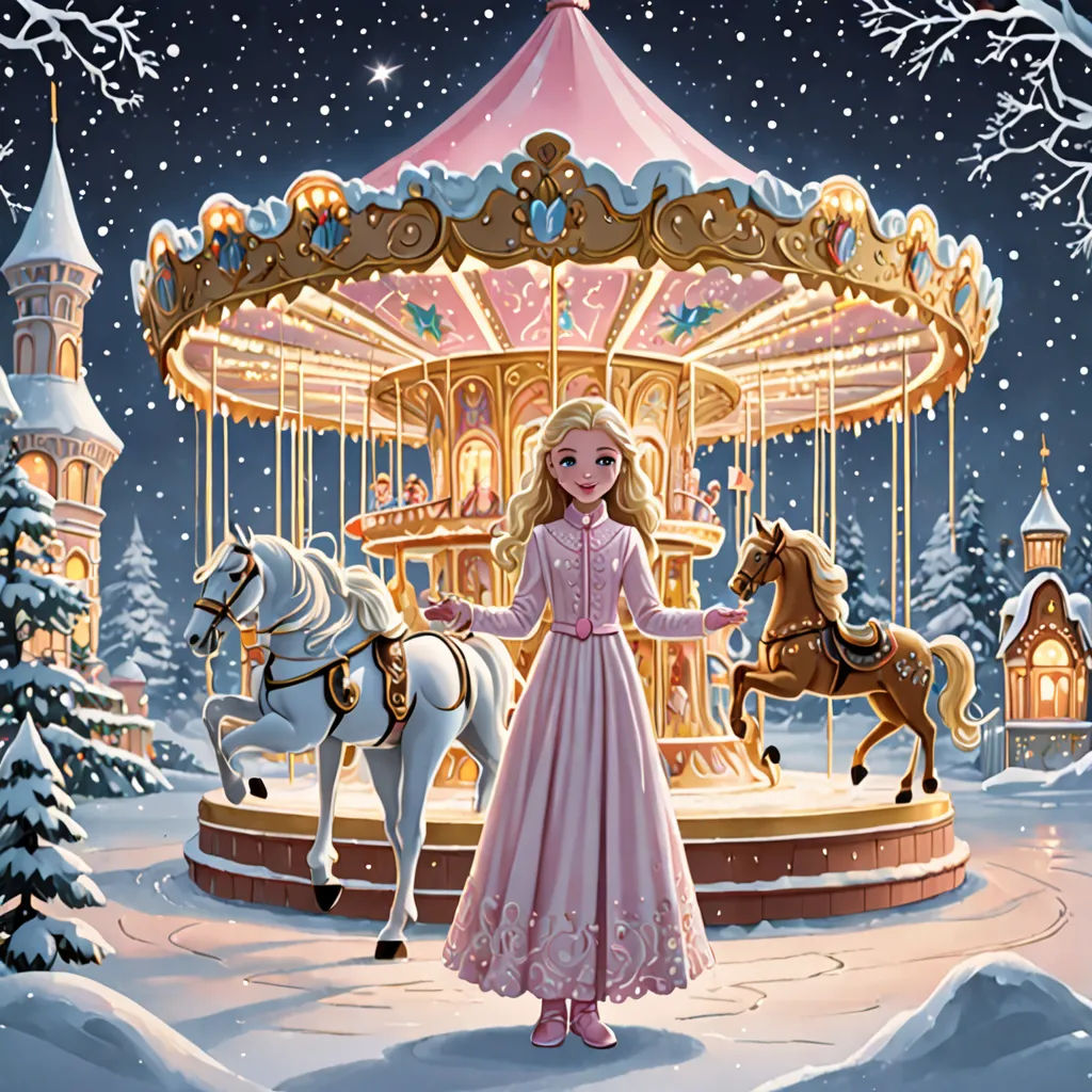 a girl in a pink dress standing in front of a merry merry carousel with horses and a snow covered tree, a storybook illustration, kinkade, naive art, Alice Prin