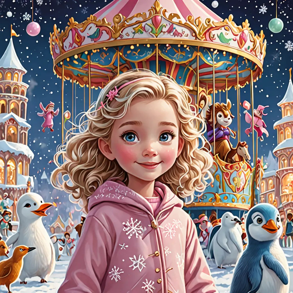 a painting of a girl in a pink coat standing in front of a carousel with penguins and a carousel, a storybook illustration, highly detailed digital painting, naive art, Cliff Childs