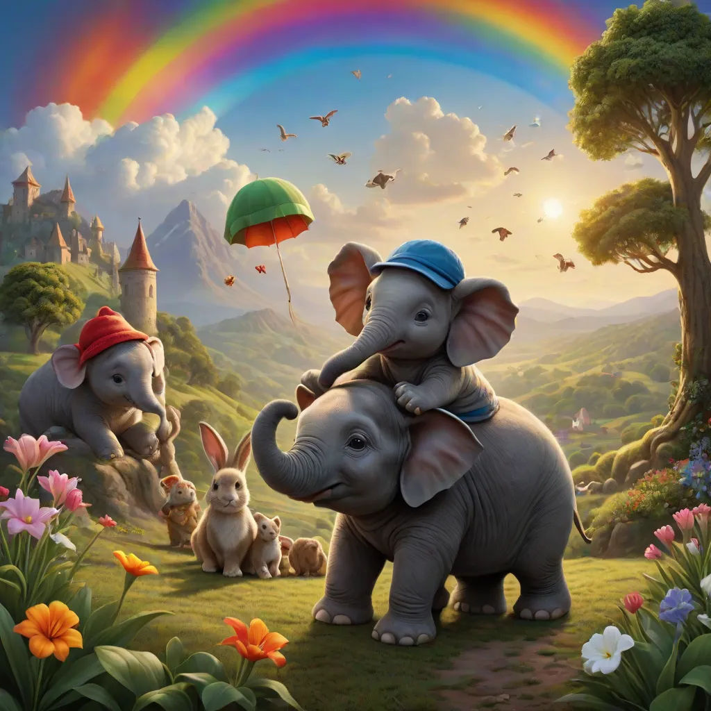 a painting of two elephants and a baby elephant in a field with a rainbow in the background and a castle in the background, pop surrealism, a storybook illustration, Chris LaBrooy, highly detailed digital painting