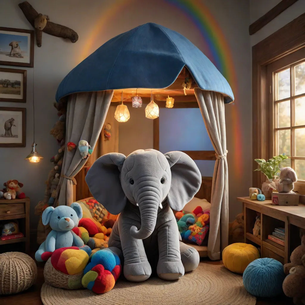 a child's bedroom with a bed, a tent, and a stuffed elephant in it with a rainbow in the background, photorealism, a storybook illustration, Chris LaBrooy, promotional image