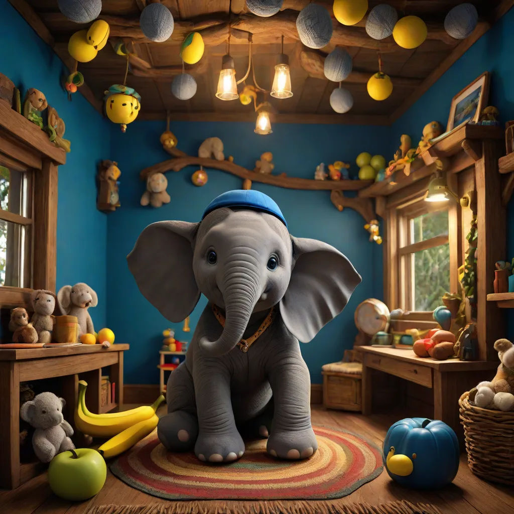 a stuffed elephant sitting on a rug in a room with toys and a lamp above it and a blue wall, photorealism, a storybook illustration, Chris LaBrooy, highly detailed digital painting