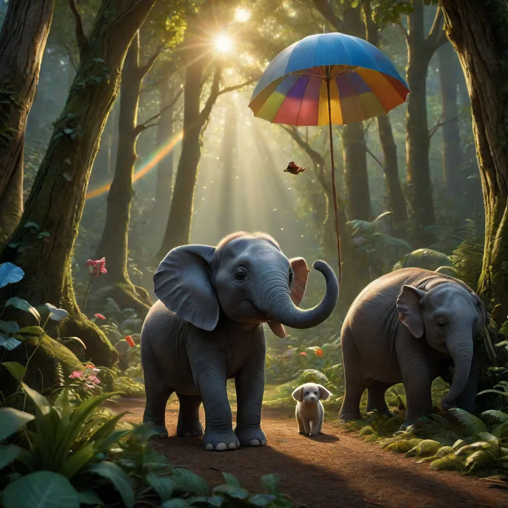 a couple of elephants standing in the middle of a forest with a umbrella above them and a dog walking behind them, magical realism, a detailed matte painting, Chris LaBrooy, promotional image
