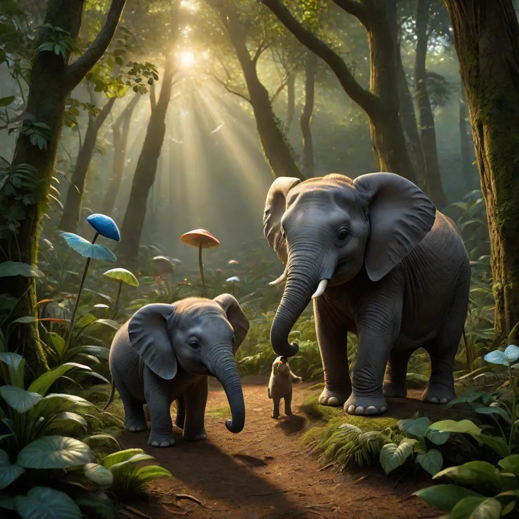 a couple of elephants walking down a dirt road in a forest with trees and mushrooms on the ground and a baby elephant, magical realism, a detailed matte painting, Chris LaBrooy, highly detailed digital painting