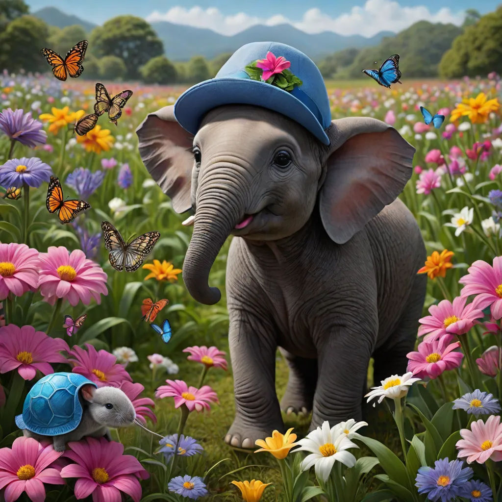 a painting of an elephant with a hat in a field of flowers and butterflies with a blue bird in the foreground, photorealism, a storybook illustration, Chris LaBrooy, highly detailed digital painting
