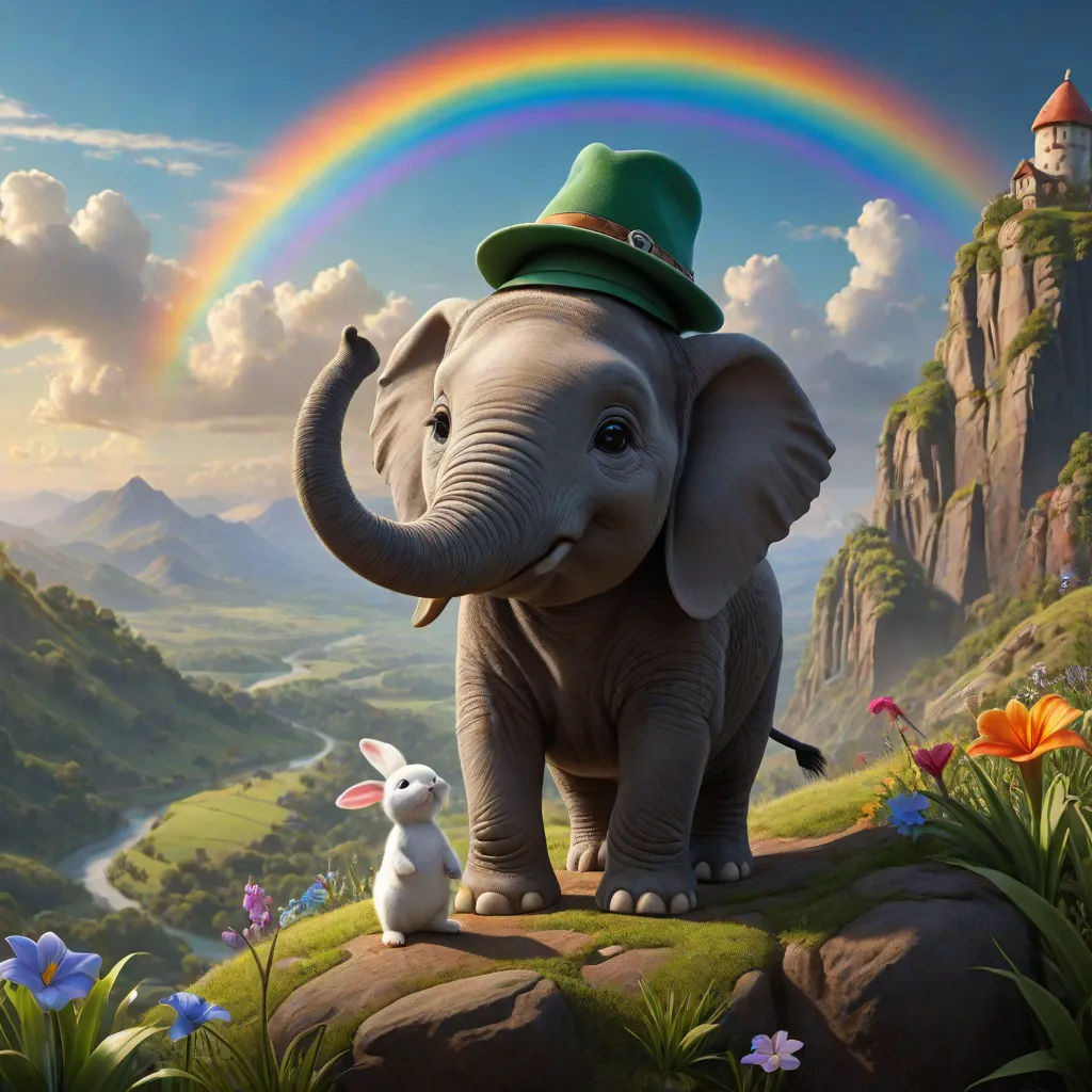 a painting of an elephant and a bunny on a hill with a rainbow in the background and a castle in the background, magical realism, a detailed matte painting, Chris LaBrooy, highly detailed digital painting