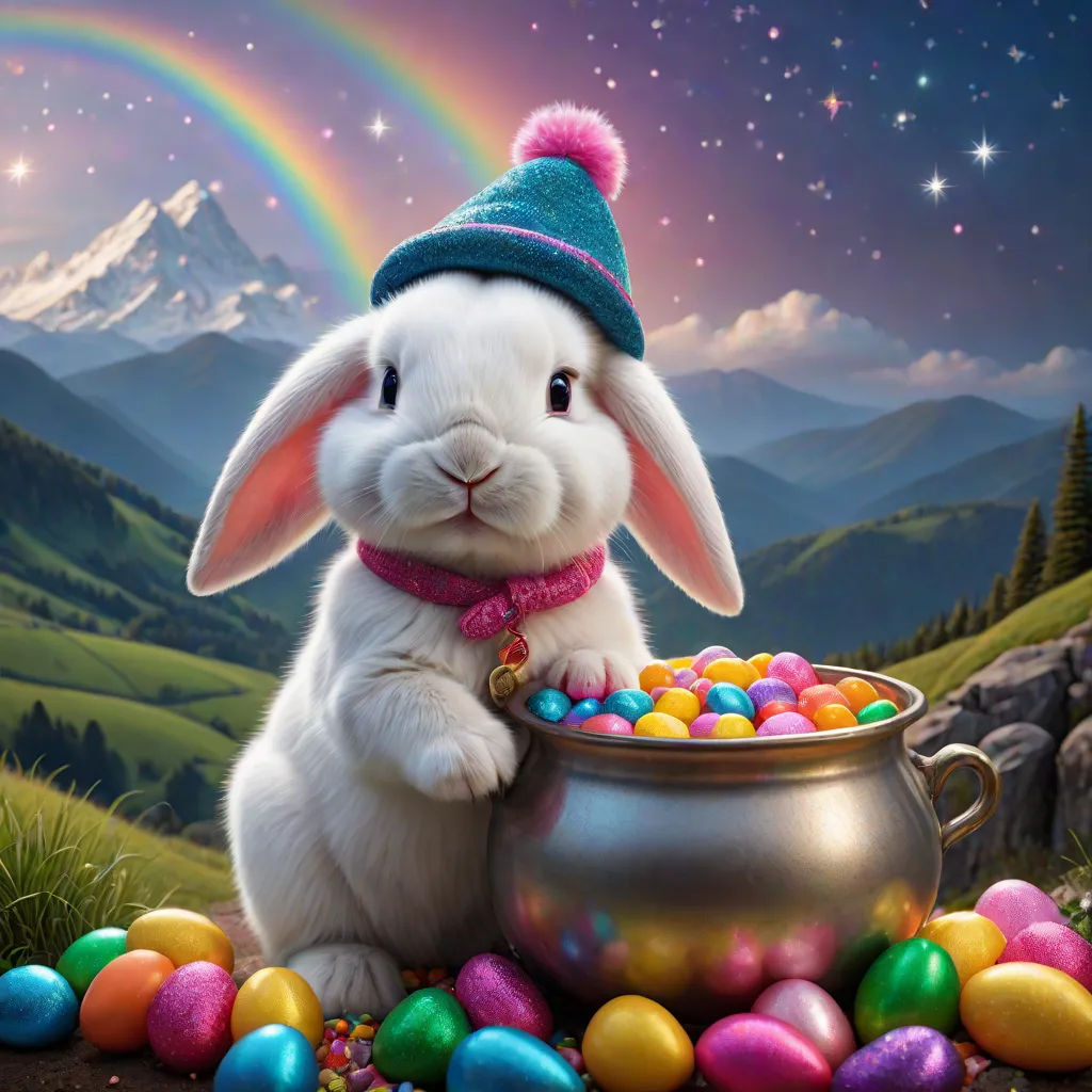 a painting of a bunny with a pot of candy in front of a rainbow filled mountain landscape with a rainbow, fantasy art, a storybook illustration, Beatrix Potter, highly detailed digital painting