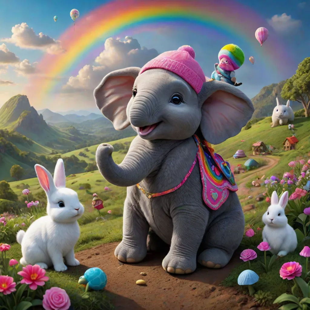 a painting of an elephant and two rabbits in a field with a rainbow in the background and a rainbow in the sky, magical realism, a storybook illustration, Chris LaBrooy, promotional image