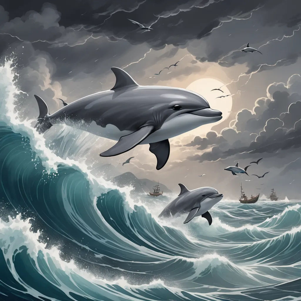 a painting of two dolphins jumping out of the water with a ship in the background and a full moon in the sky, fantasy art, an airbrush painting, Cyril Rolando, sharp foccus ilustration