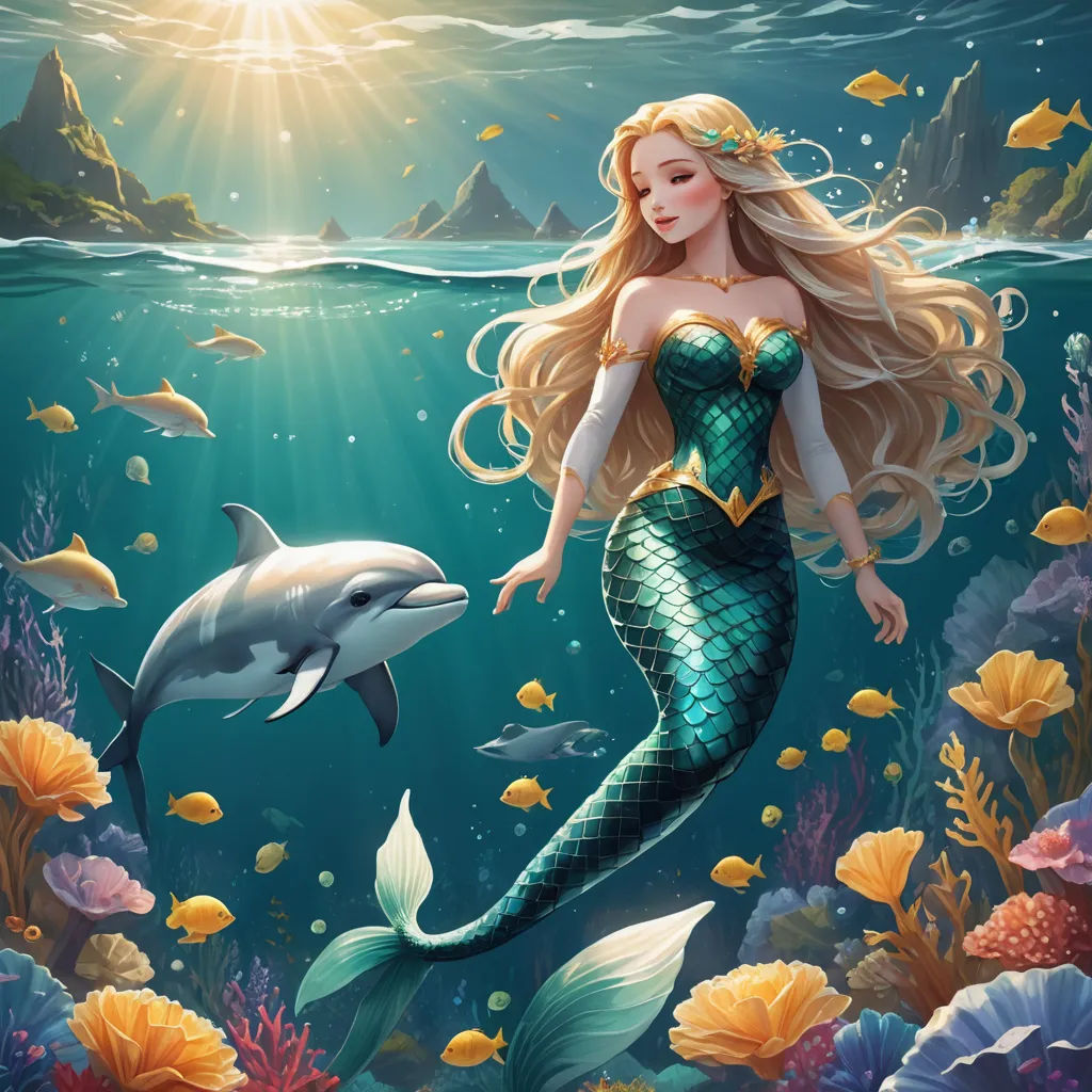 a mermaid with a dolphin in the ocean under water with fish and corals around her, with sunlight shining through the water, fantasy art, a storybook illustration, Anne Stokes, rossdraws global illumination