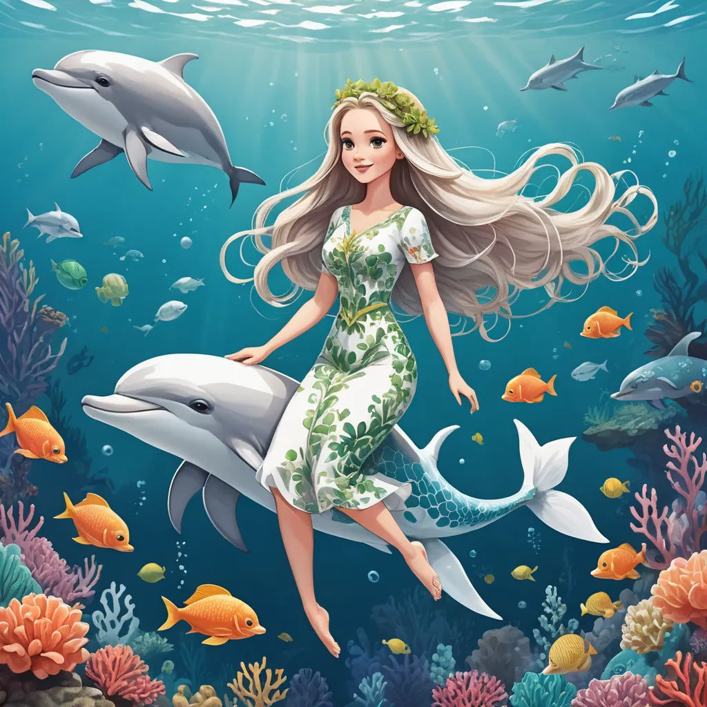 a beautiful young woman riding on the back of a dolphin under water with dolphins behind her and a fish swimming nearby, fantasy art, a storybook illustration, Cyril Rolando, highly detailed digital painting