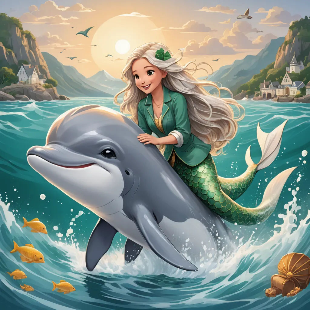 a mermaid riding a dolphin in the ocean with a castle in the background and a bird flying above her, fantasy art, a storybook illustration, Cliff Childs, official art