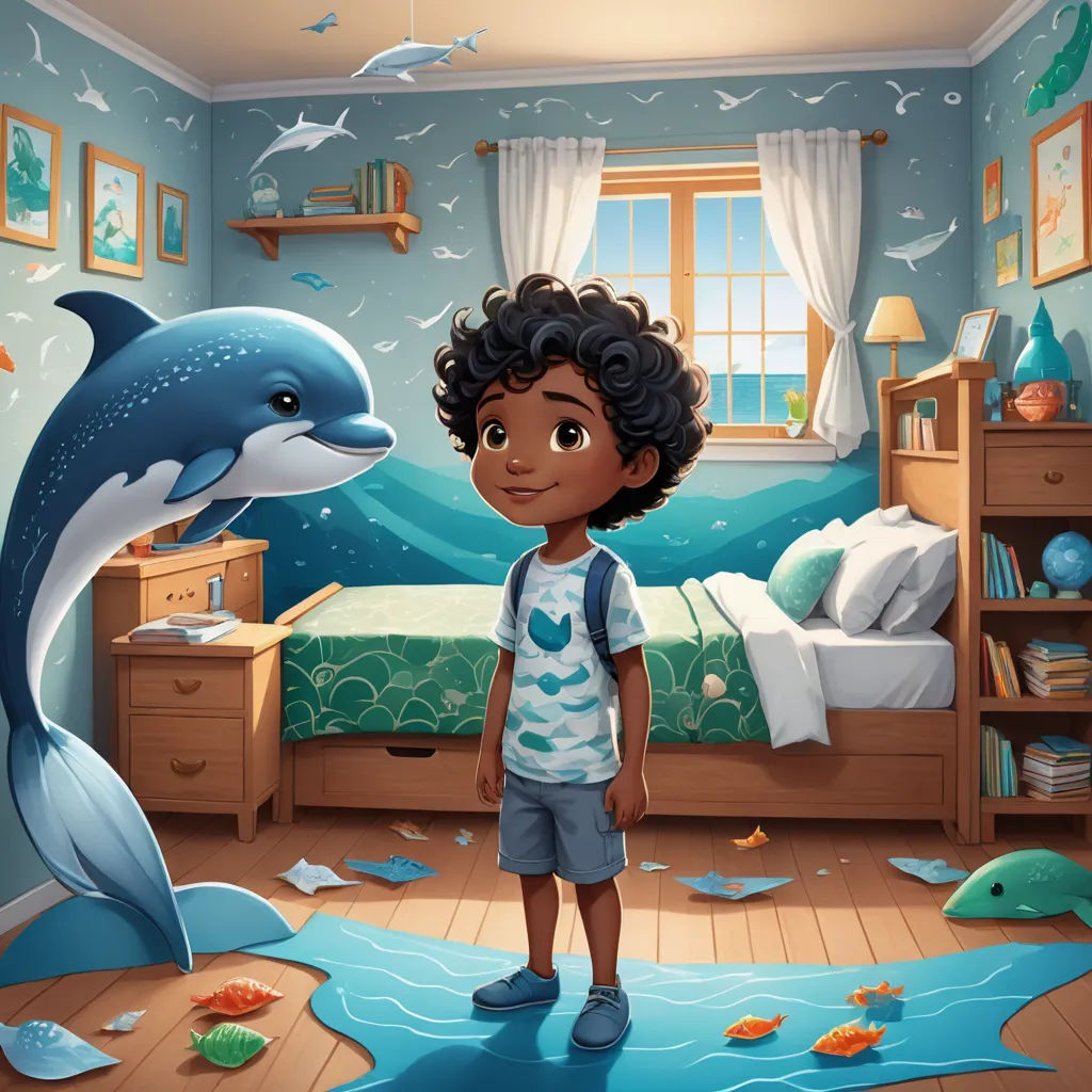 a boy standing in a room with a dolphin and a bed in it and a window with curtains and curtains, american scene painting, a storybook illustration, Chris LaBrooy, storybook illustration