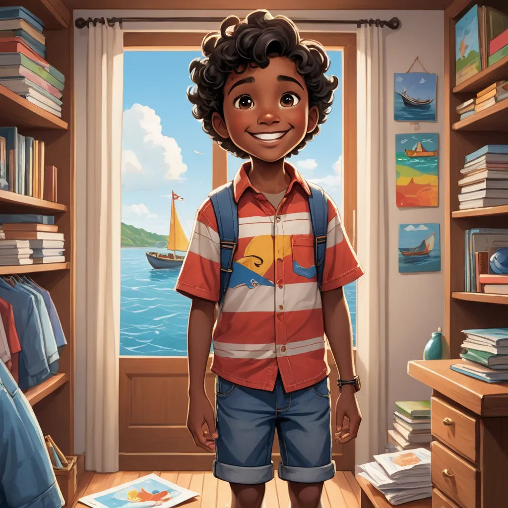 a boy standing in a room with a book shelf and a book case in the background and a painting of a boat on the wall, american scene painting, a character portrait, Chris LaBrooy, book cover