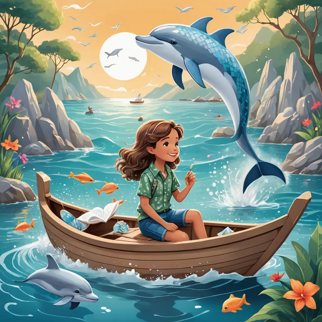 a girl in a boat with dolphins and dolphins in the water, and a dolphin jumping out of the water, fantasy art, a storybook illustration, Cyril Rolando, storybook illustration
