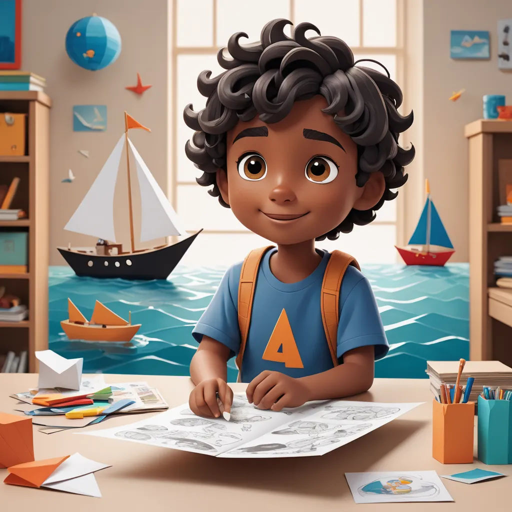 a cartoon boy is sitting at a desk with a map and a boat in the background, and a bookcase with books and a pencil, photorealism, a storybook illustration, Chris LaBrooy, promotional image
