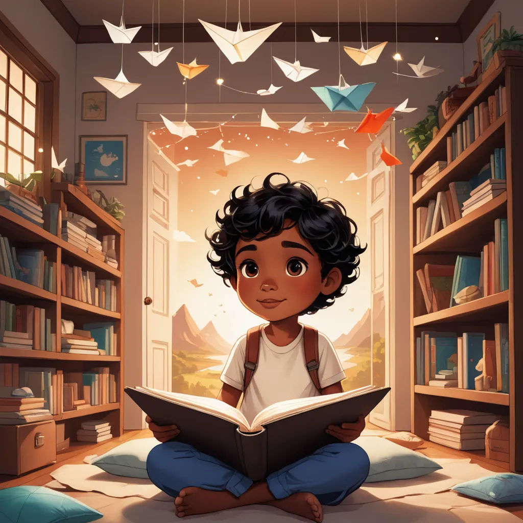 a young boy sitting on the floor reading a book in a library with origami birds hanging from the ceiling, fantasy art, a storybook illustration, Chris LaBrooy, storybook illustration