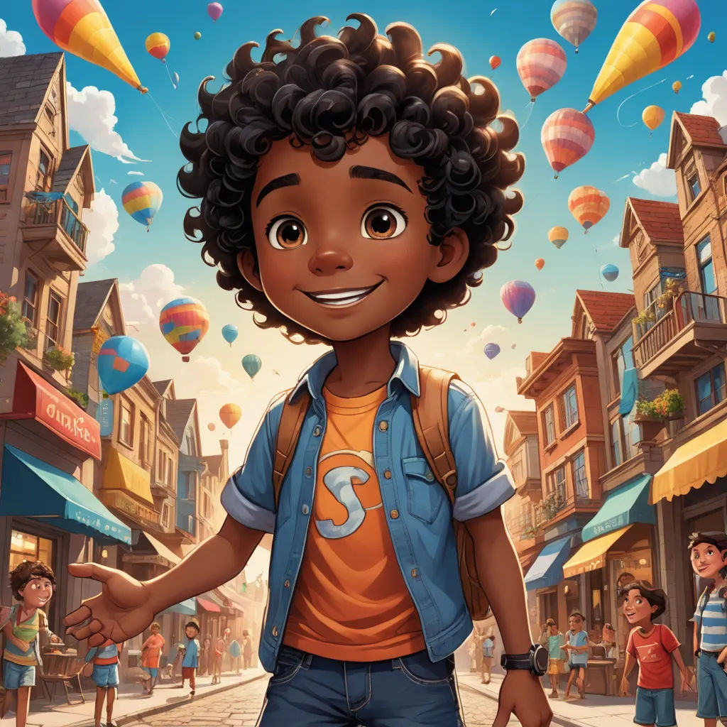 a cartoon character is standing in the middle of a street with balloons flying above him and a crowd of children, sots art, poster art, Chris LaBrooy, comic cover art